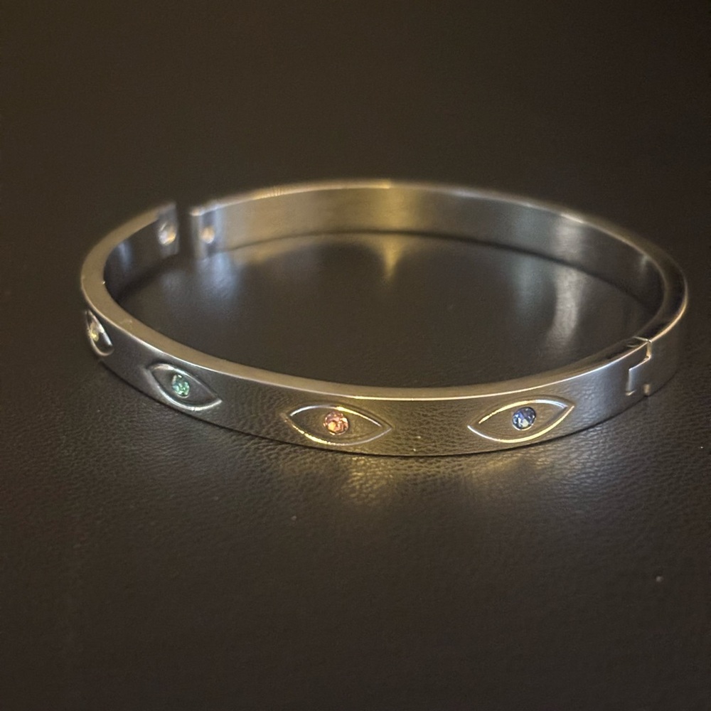 New Elegant Stainless Steel Evil Eye Silver Bangle with Multicolor Gemstones